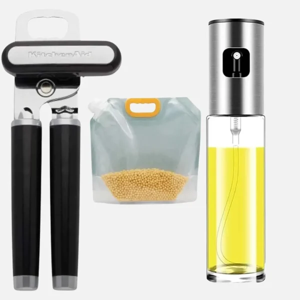 Combo Abrelatas Kichenaid-bolsa hermetica para guardar alimentos-botella dispensadora en spray
