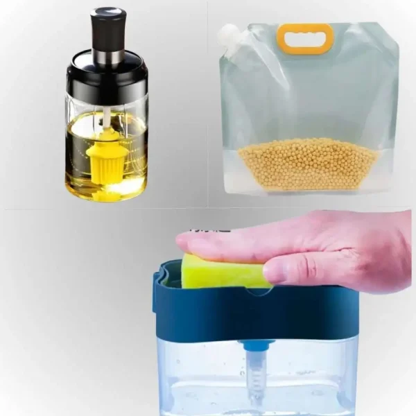 Combo Aceitero con Brocha de Vidrio Bolsa para guardar alimentos hermética y Dispensador lavavajillas con esponja