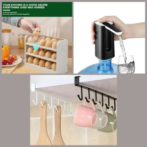 Combo Organizador de huevos 3 niveles Dispensador de agua recargable contraíble y Gancho para taza debajo del gabinete