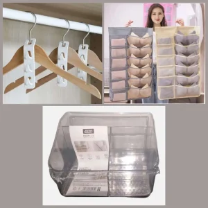 Combo Organizador de ropa interior doble cara set de 4 mini percheros vertical Percha y Organizador acrílico de maquillaje escritorio multiuso
