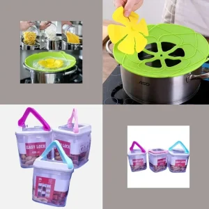 Combo Tapa antiderrame Tapa de olla antiderrames de silicona y Contenedor hermético pequeño 400 cc