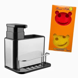 Combo soporte de esponja de acero inoxidable organizador dispensador de jabón + set de 2 esponjas lavavajillas