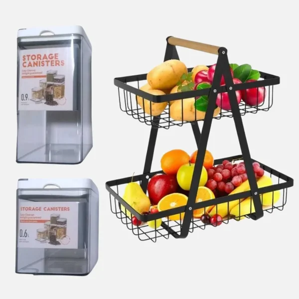 Combo Estante Organizador Frutero 2 Niveles Multifuncional Soporte de Metal Contenedor de alimentos acrilico con tapa con control de temperatura de 0.6 L y 0.9 L